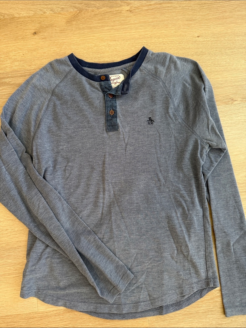 Original Penguin Men's Long Sleeve Henley - Slate Blue with Navy Trim Medium